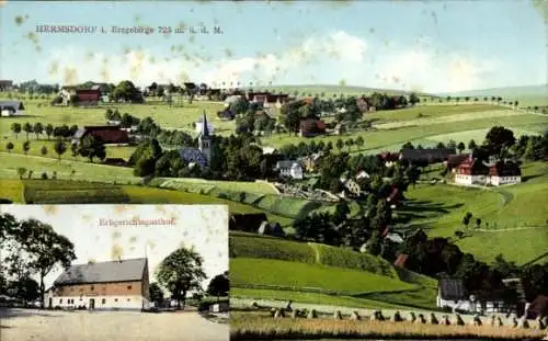 Ak Hermsdorf im Erzgebirge, Mehrere Gebäude, ein Kirchturm, hügelige Landschaft