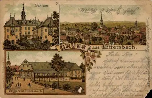 Litho Dürrröhrsdorf Dittersbach in Sachsen, Schloss Erbgericht  Gruß aus Dittersbach