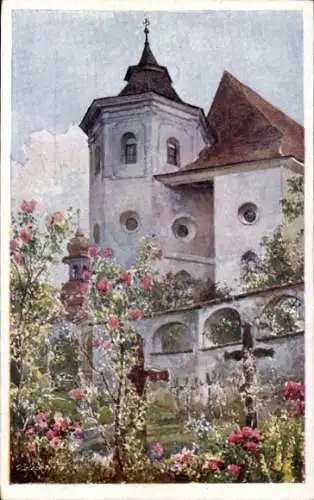 Ak Traunkirchen am Traunsee Oberösterreich, Gebäude, Turm, Blumen, Kreuz