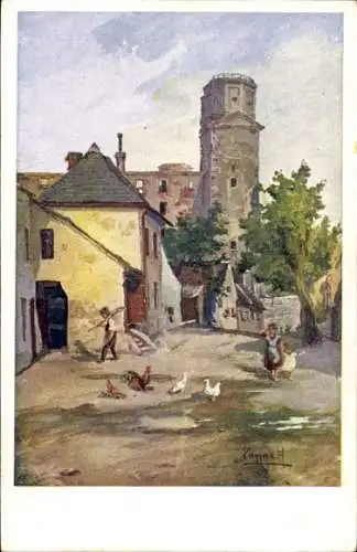 Künstler Ak Pinggera, Pozsony Pressburg Bratislava Slowakei, Kaiserweg, Kronenturm, Schlossruine