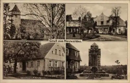 Ak Drągowina Neuwaldau Schlesien, Kirche, Schloss, Warenhaus R. Gutsche, Denkmal