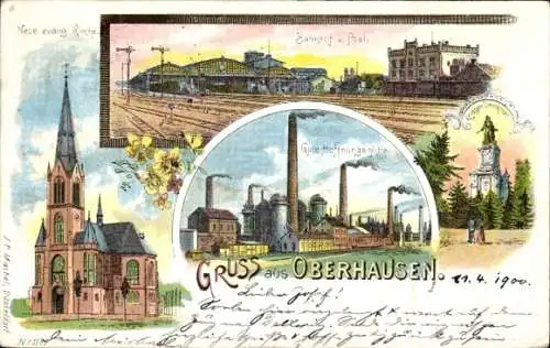 Litho Oberhausen am Rhein, Gute Hoffnungshütte, evangelische Kirche, Bahnhof, Gleisseite, Post