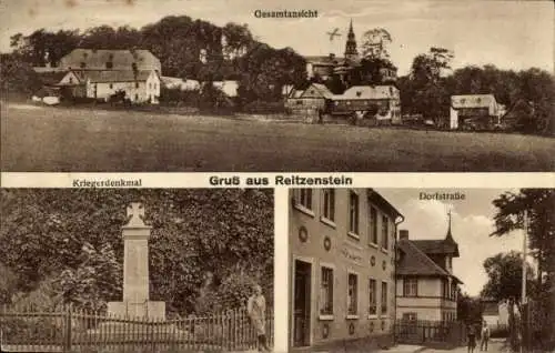 Ak Reitzenhain Marienberg im Erzgebirge, Gesamtansicht, Kriegerdenkmal, Dorfstraße