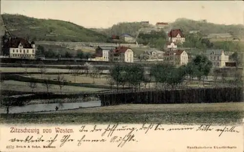 Ak Zitzschewig Radebeul Sachsen, Stadtansicht von  handkolorierte Postkarte, Landschaft, Gebäude