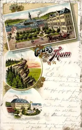 Litho Thum im Erzgebirge Sachsen, Schulplatz, Bastei, Rathaus