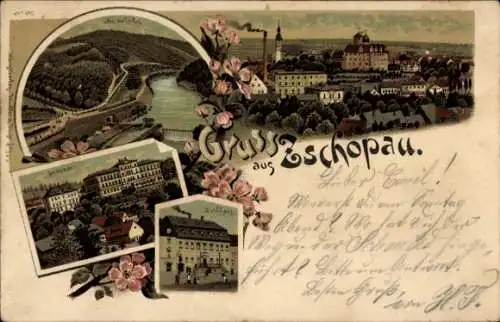 Litho Zschopau im Erzgebirge Sachsen, Gruss, Rathaus, Bahnhof, Panorama