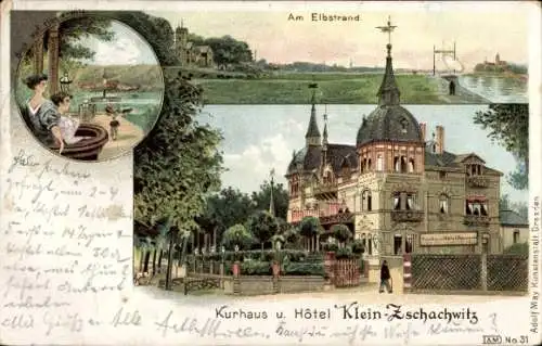 Litho Dresden Kleinzschachwitz, Kurhaus und Hotel, Elbstrand, Blick auf Hosterwitz