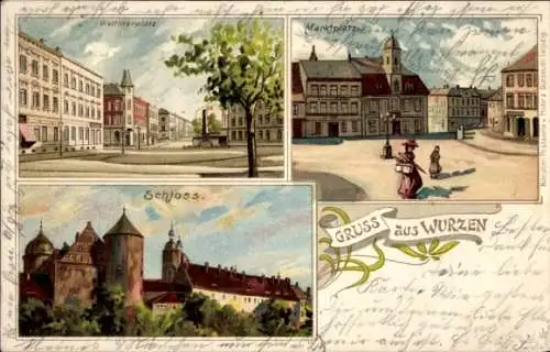 Litho Wurzen in Sachsen, Wettinerplatz, Schloss, Marktplatz, Gruß aus  Künstler-Postkarte