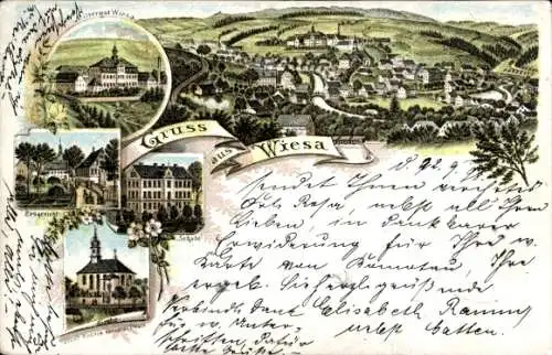 Litho Wiesa Thermalbad Wiesenbad im Erzgebirge, Totale, Rittergut, Schule, Erbgericht, Kirche