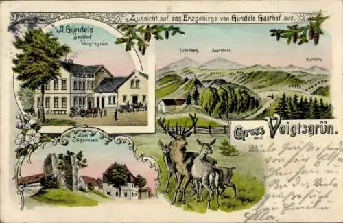 Ak Voigtsgrün Hirschfeld in Sachsen, Gasthof A. Gündels, Erzgebirge, Landschaft, Hügel, Rehe