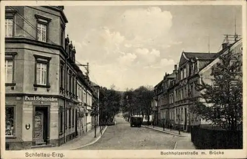 Ak Schlettau im Erzgebirge, Buchholzerstraße mit Brücke, Handlung