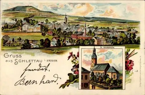 Litho Schlettau im Erzgebirge, St. Ulrichskirche, Blick auf den Ort