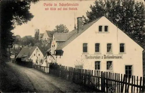 Ak Scharfenstein Drebach im Erzgebirge Sachsen, Blick auf das Schloss, Restaurant zur Schlossb...