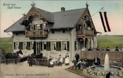 Ak Schönfeld im Zschopautal Thermalbad Wiesenbad im Erzgebirge, Café Weber, Schweizer Dörfl, Bahnhof