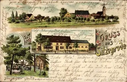 Litho Sitzenroda Schildau in Sachsen, Schule, Kirche, Gasthaus zum goldenen Fass, Post