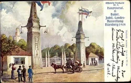 Ganzsachen Ak Nürnberg in Mittelfranken Bayern, Jubil. Landesausstellung 1906, Hauptportal, Kutsche