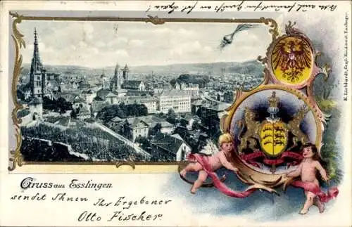 Präge Wappen Passepartout Ak Esslingen am Neckar, Totale, Engel
