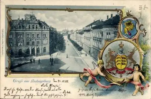 Präge Wappen Passepartout Ak Ludwigsburg in Württemberg, Straßenansicht, Engel