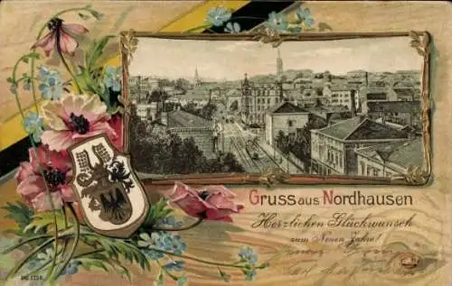 Präge Wappen Passepartout Litho Nordhausen in Thüringen, Panorama