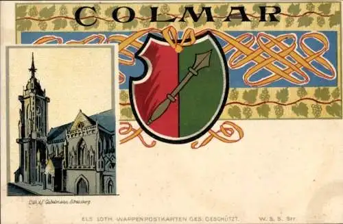 Künstler Litho Colmar Kolmar Elsass Haut Rhin, Stadtwappen, Kirche