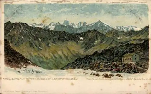 Künstler Litho Schnalstal Südtirol, Similaun Hütte, Blick auf die Ortlergrupper