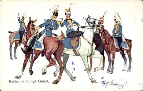 Künstler Ak Schönpflug, Fritz, Reitkunst bringt Gunst, Soldaten und Frauen zu Pferde