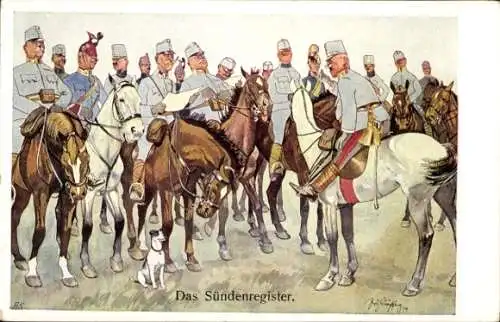 Künstler Ak Schönpflug, Sündenregister, KuK Soldaten zu Pferden