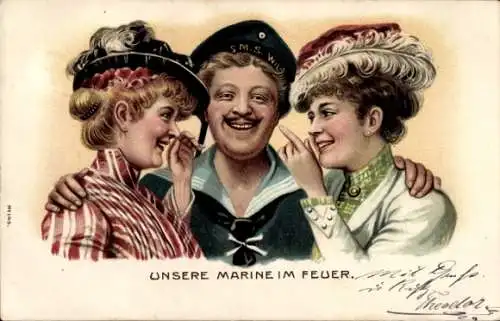 Litho Unsere Marine im Feuer, Matrose zwischen zwei Frauen