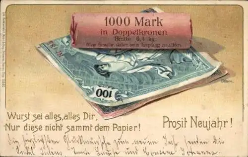 Präge Ak Glückwunsch Neujahr, 1000 Mark in Doppelkronen