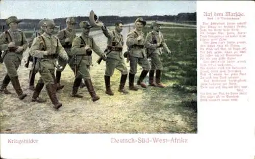 Ak Kriegsbilder in Deutsch Südwest-Afrika, Kolonialtruppen, Auf dem Marsche