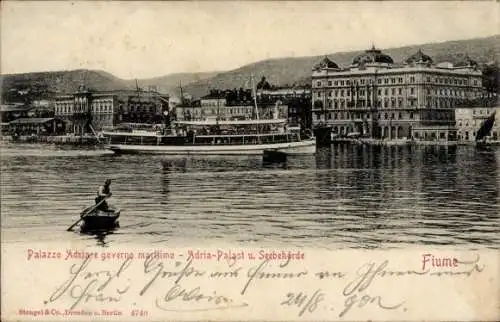 Ak Rijeka Fiume Kroatien, Adria Palast und Seebehörde, Hafen, Dampfschiff