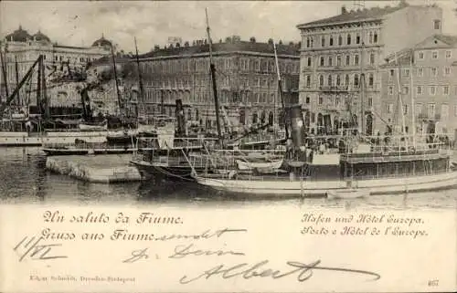 Ak Rijeka Fiume Kroatien, Hafen, Hotel Europa, Dampfschiffe, Passagierdampfer