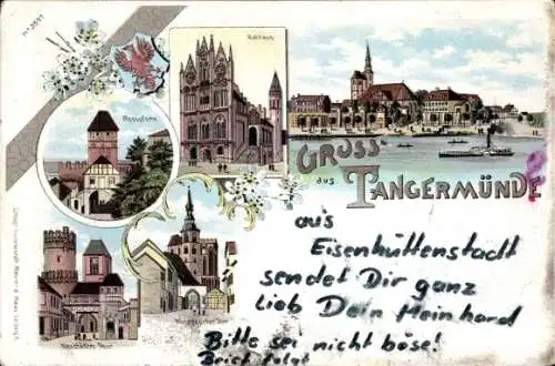 Litho Tangermünde an der Elbe, Rathaus, Rosspforte, Neustädter Tor, Ortspartie