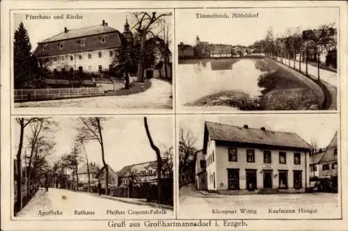 Ak Großhartmannsdorf im Erzgebirge, Pfarrhaus, Kirche, Timmelteich, Apotheke, Rathaus, Fabrik