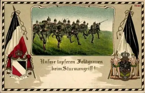 Präge Wappen Passepartout Litho Unsere tapferen Feldgrauen beim Sturmangriff, Fahne