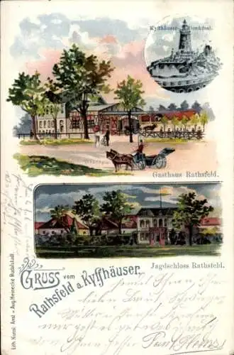 Litho Rathsfeld Steinthaleben Kyffhäuserland in Thüringen, Gasthaus, Jagdschloss, Kyffhäuser Denkmal