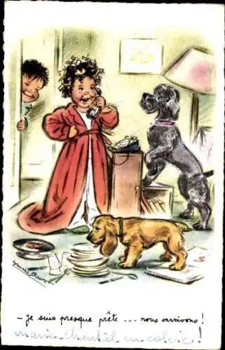 Künstler Ak Bouret, Mädchen telefoniert Hund schaut zu, Junge hört hinter d...