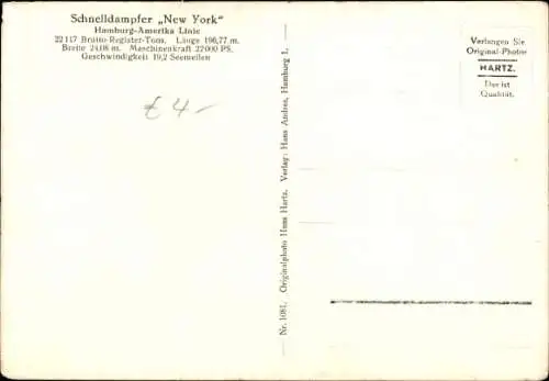 Ak Dampfer, Schnelldampfer New York, HAPAG
