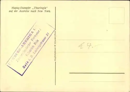 Ak Dampfer Thuringia, HAPAG
