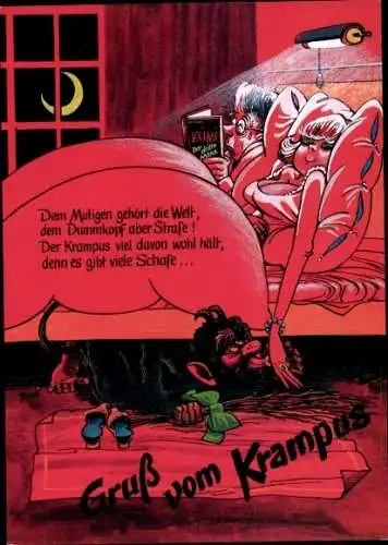 Ak Krampus unter dem Bett einer Frau, Dem Mutigen gehört die Welt