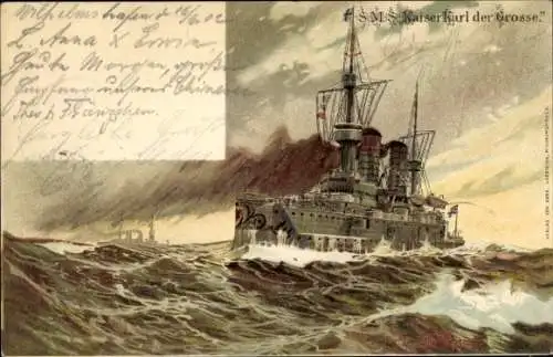 Künstler Litho Deutsches Kriegsschiff, S.M.S. Kaiser Karl der Große, Kaiserliche Marine