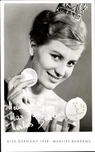 Ak Miss Deutschland 1958 Marlies Behrens, Werbung, Max Factor Hollywood, Kosmetika