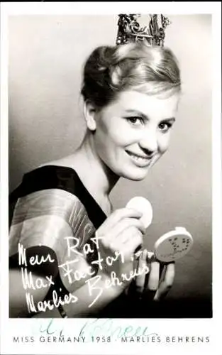 Ak Miss Deutschland 1958 Marlies Behrens, Werbung, Max Factor Hollywood, Kosmetika