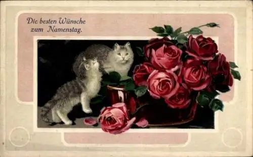 Präge Litho Glückwunsch zum Namenstag, zwei Katzen, Rosen