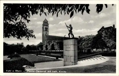 Ak Kehl am Rhein, Pionier-Denkmal mit kath. Kirche