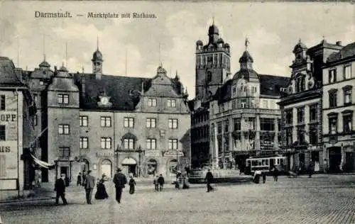 Ak Darmstadt in Hessen, Marktplatz mit Rathaus, Straßenbahn, Menschen