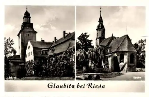 Ak Glaubitz an der Elbe, Vorderseite: Schloss Glaubitz bei Riesa, Kirche