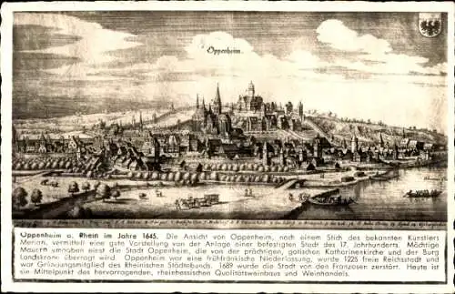 Ak Oppenheim am Oberrhein, Oppenheim im Jahre 1645. Stich des Künstlers Merian. Stadtansicht v...