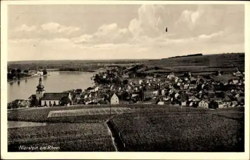 Ak Nierstein am Rhein, Nierstein am Rhein, Schiffe auf dem Rhein, Kirchturm, Häuser, Weinberge