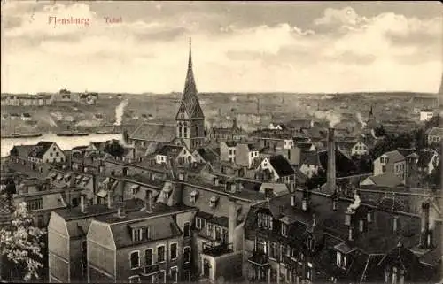 Ak Flensburg in Schleswig Holstein, Stadtansicht von Flensburg mit St. Nikolai und Hafen